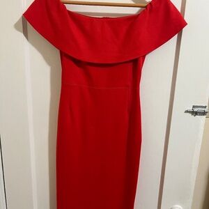 Babaton Red Off-Shoulder Midi Bandeau Dress